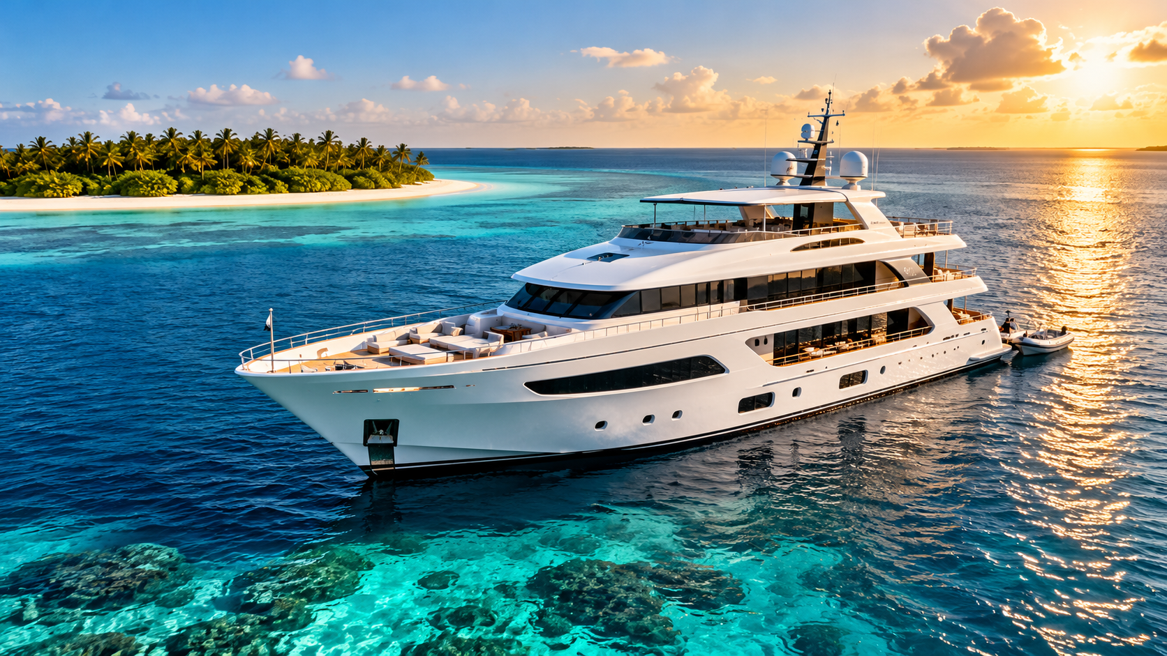 Safari yacht anchored at sunset