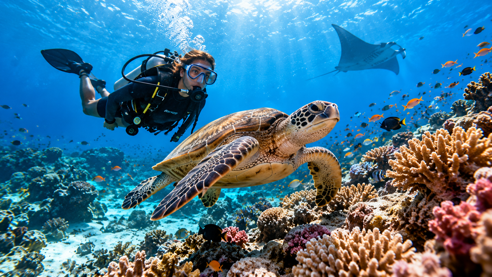 Diver with a manta ray